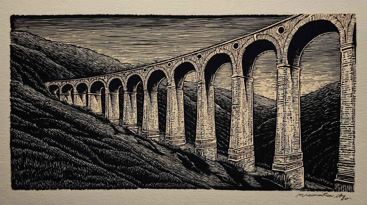 Woodcut of a Roman aqueduct carrying water across a valley
