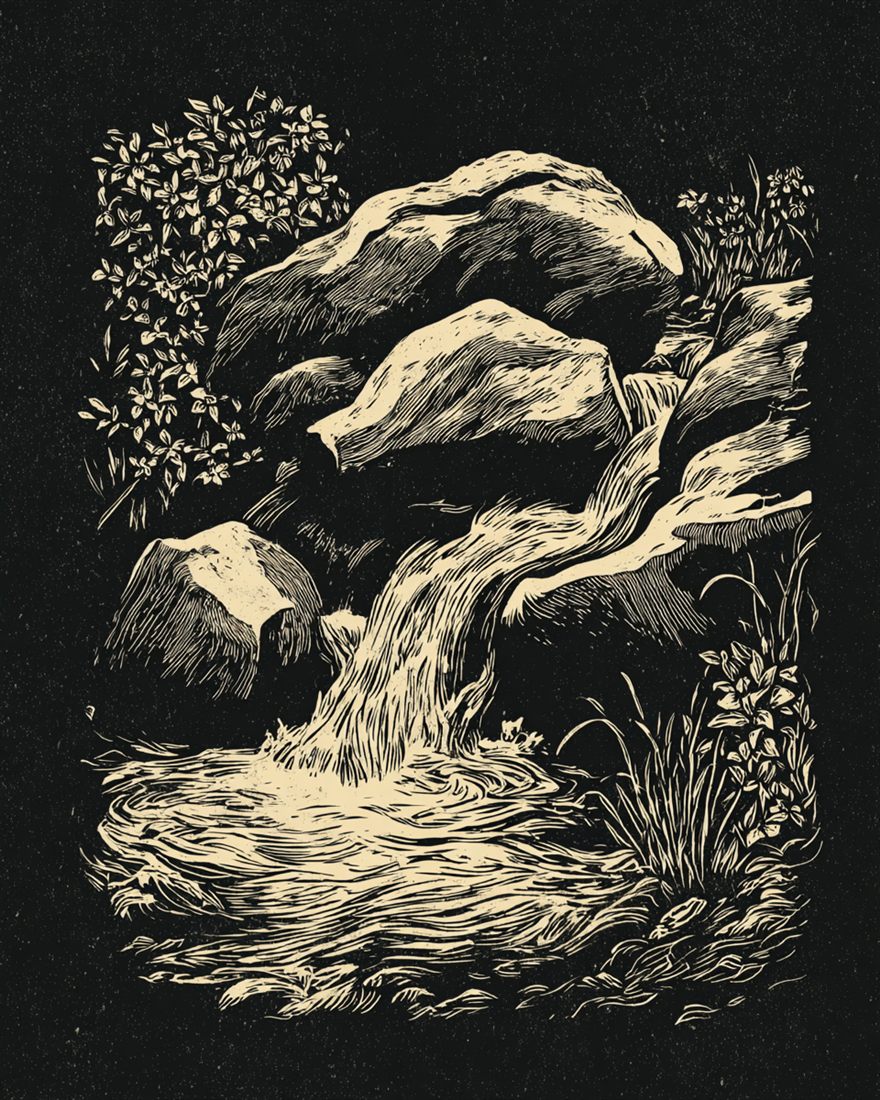 Woodcut of a mountain stream running over stone